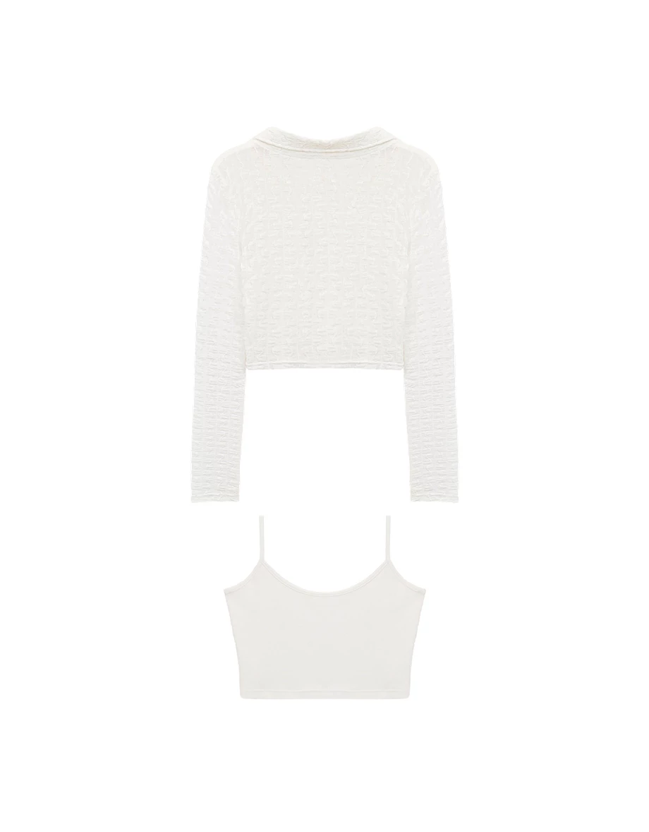 【HEYMAN聯名】翻領愛心扣開襟波紋皺褶透紗長袖上衣細肩帶背心套裝