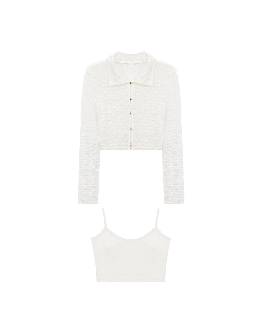 【HEYMAN聯名】翻領愛心扣開襟波紋皺褶透紗長袖上衣細肩帶背心套裝