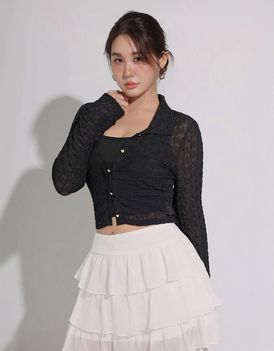 【HEYMAN聯名】翻領愛心扣開襟波紋皺褶透紗長袖上衣細肩帶背心套裝