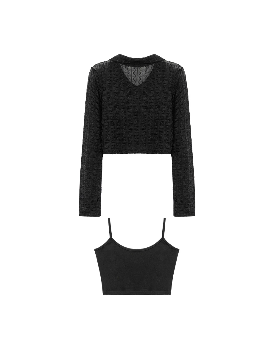 【HEYMAN聯名】翻領愛心扣開襟波紋皺褶透紗長袖上衣細肩帶背心套裝