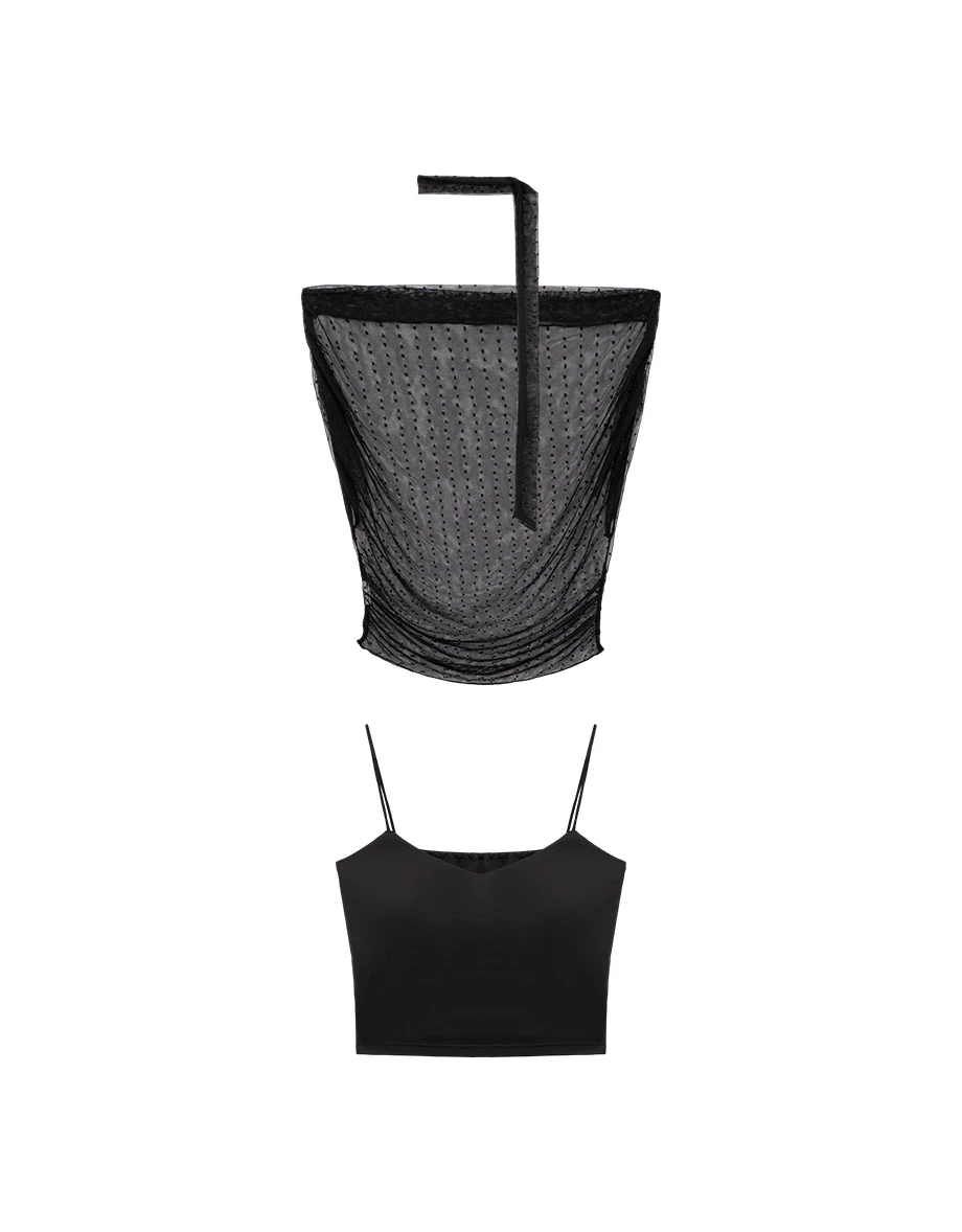 2WAY一字領抓皺點點網紗短版上衣細肩帶BRA背心套裝(附領巾)