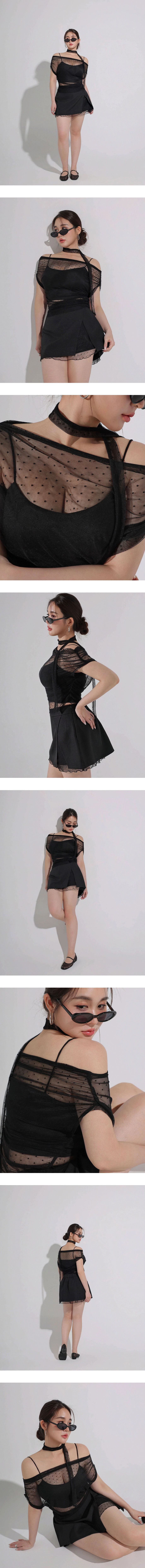 2WAY一字領抓皺點點網紗短版上衣細肩帶BRA背心套裝(附領巾)