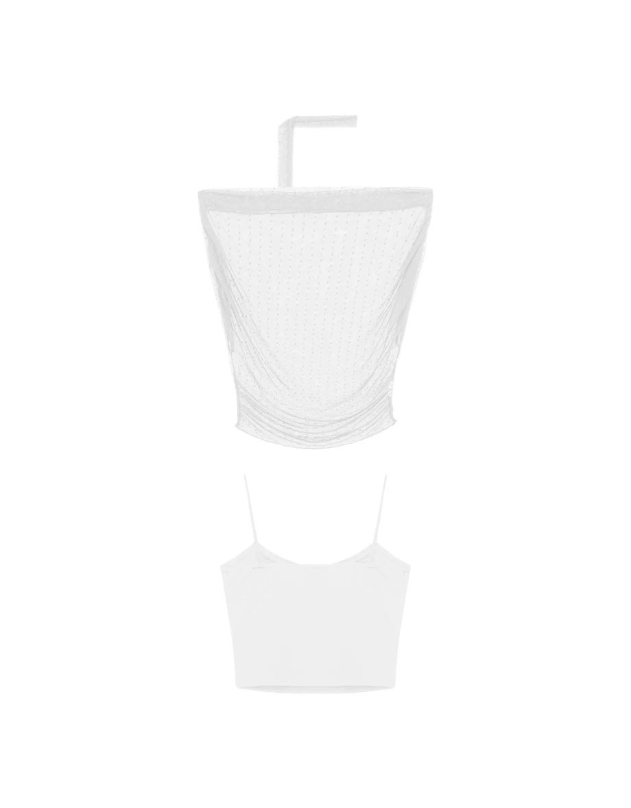 2WAY一字領抓皺點點網紗短版上衣細肩帶BRA背心套裝(附領巾)