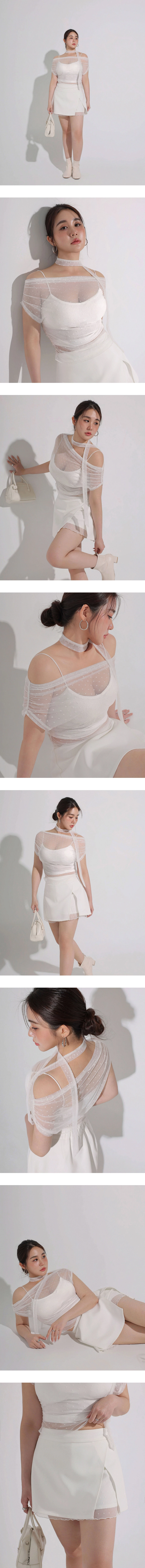 2WAY一字領抓皺點點網紗短版上衣細肩帶BRA背心套裝(附領巾)