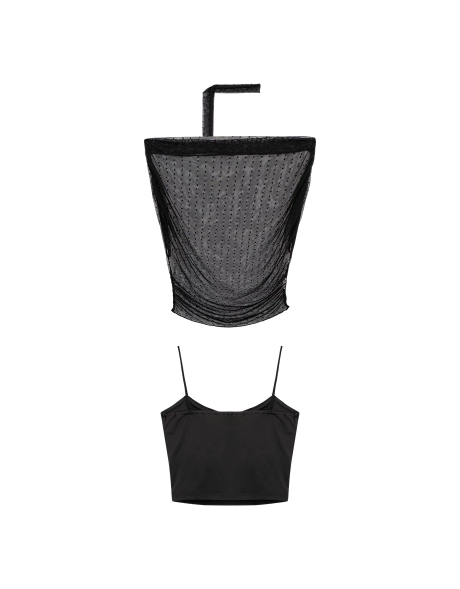 2WAY一字領抓皺點點網紗短版上衣細肩帶BRA背心套裝(附領巾)