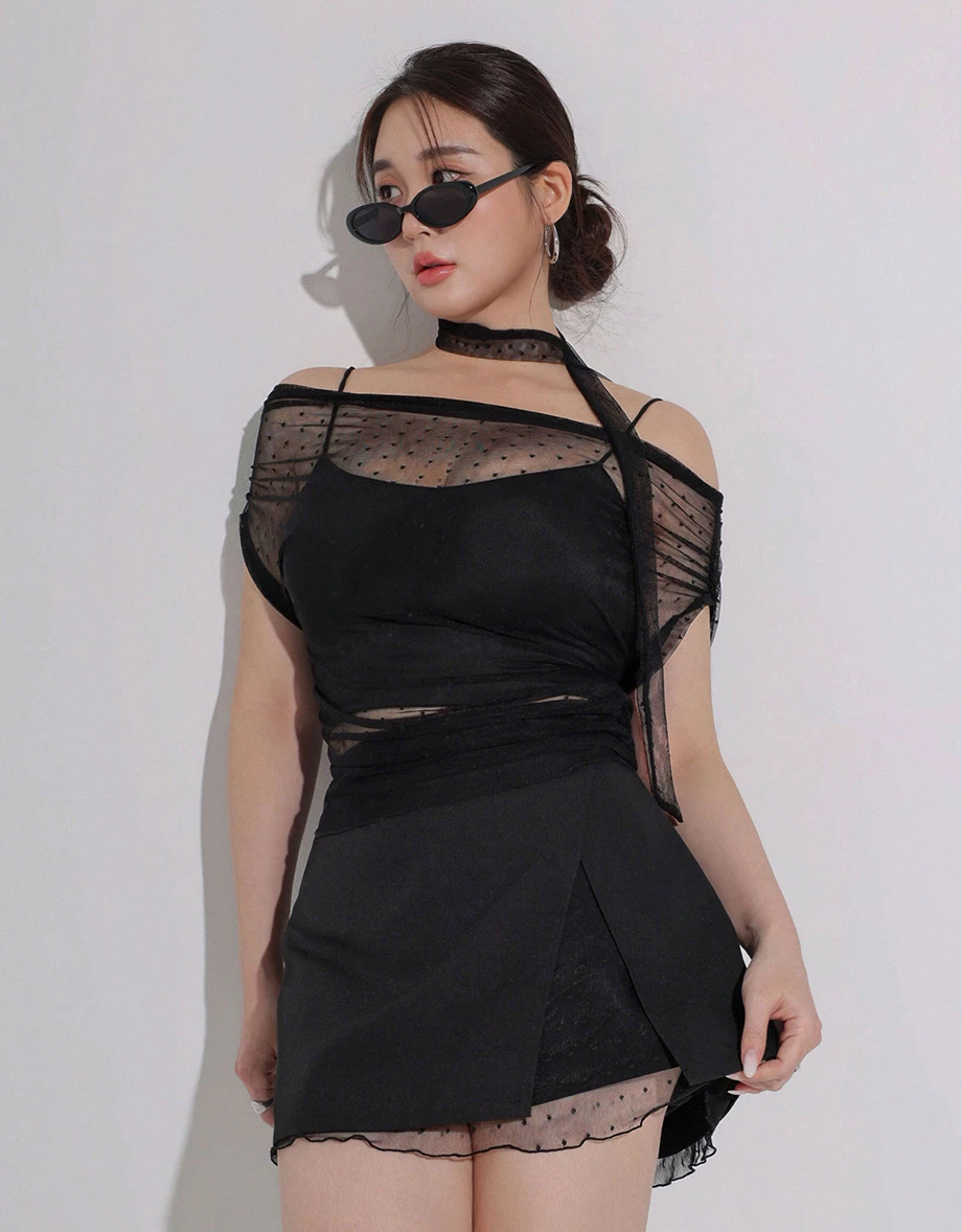 2WAY一字領抓皺點點網紗短版上衣細肩帶BRA背心套裝(附領巾)