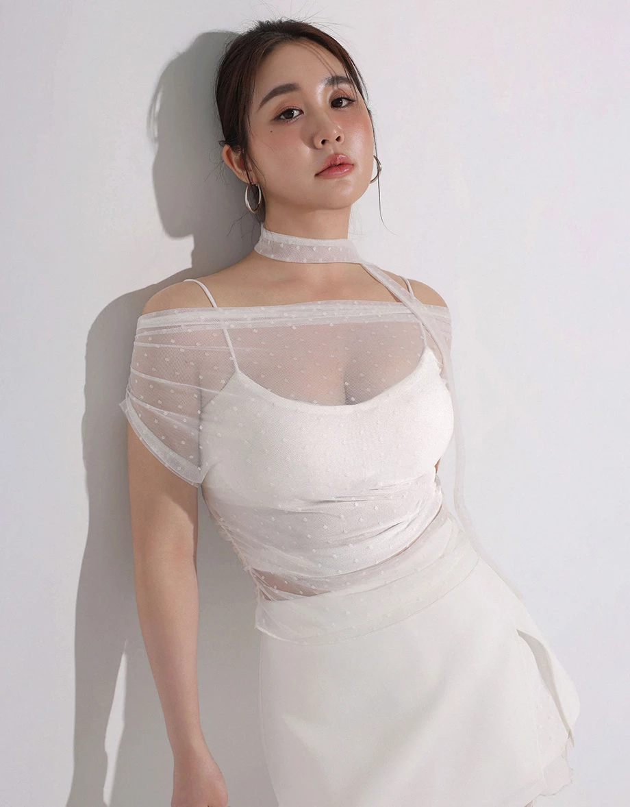 2WAY一字領抓皺點點網紗短版上衣細肩帶BRA背心套裝(附領巾)