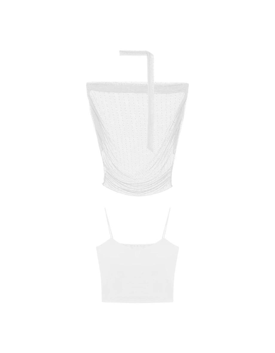 2WAY一字領抓皺點點網紗短版上衣細肩帶BRA背心套裝(附領巾)