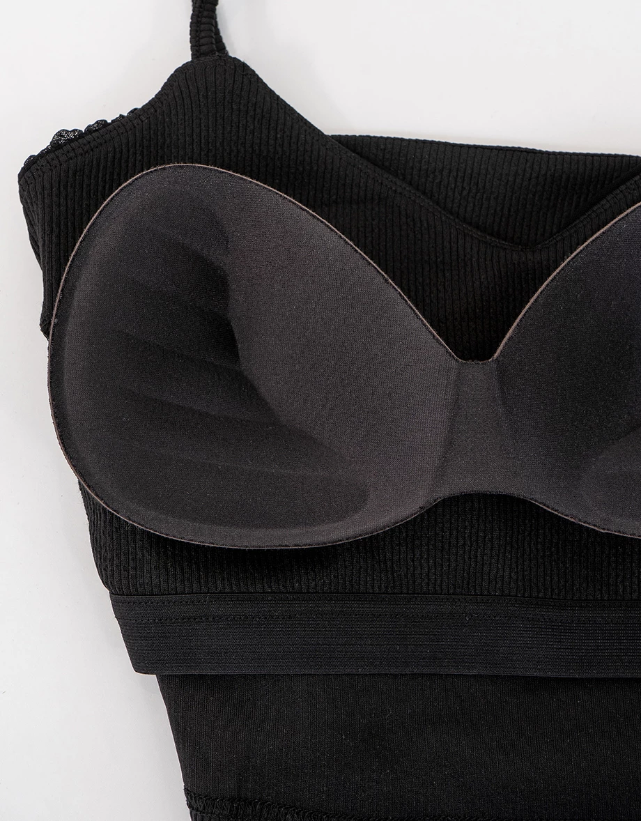 V領綁帶木耳邊透紗長袖罩衫交叉抓褶細肩帶BRA背心套裝