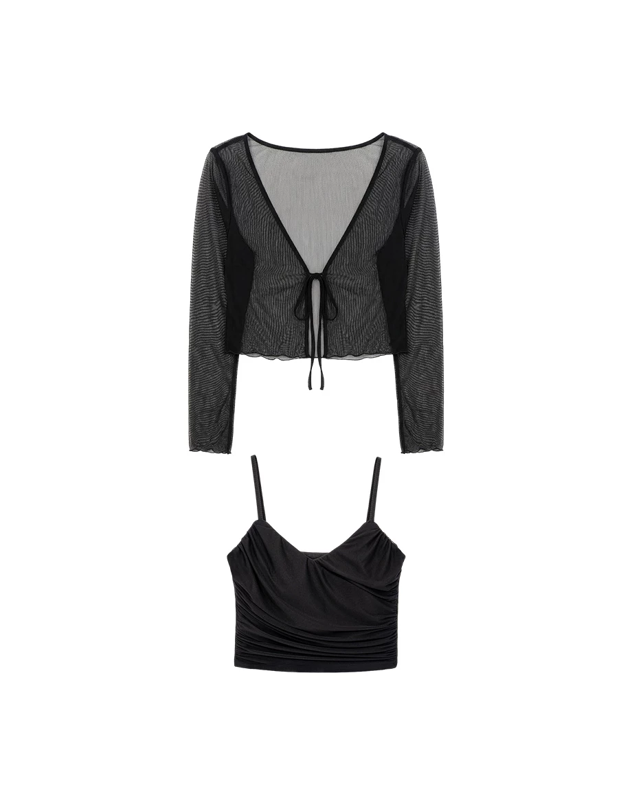 V領綁帶木耳邊透紗長袖罩衫交叉抓褶細肩帶BRA背心套裝