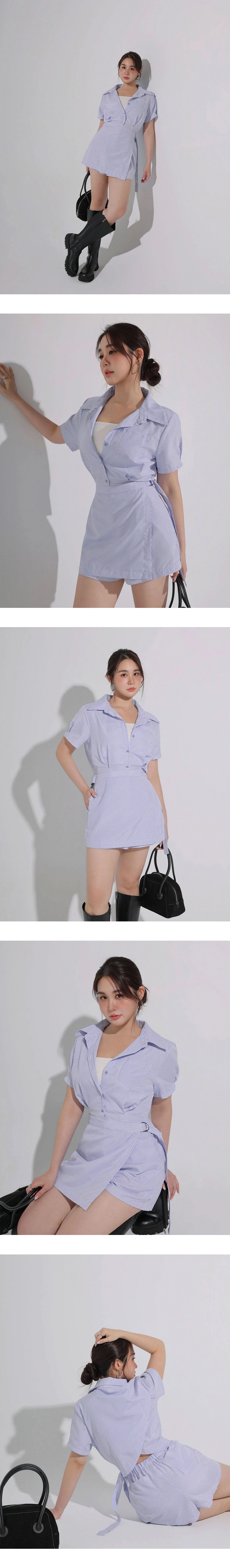 後交叉腰部鏤空短袖排扣襯衫式條紋連身短褲