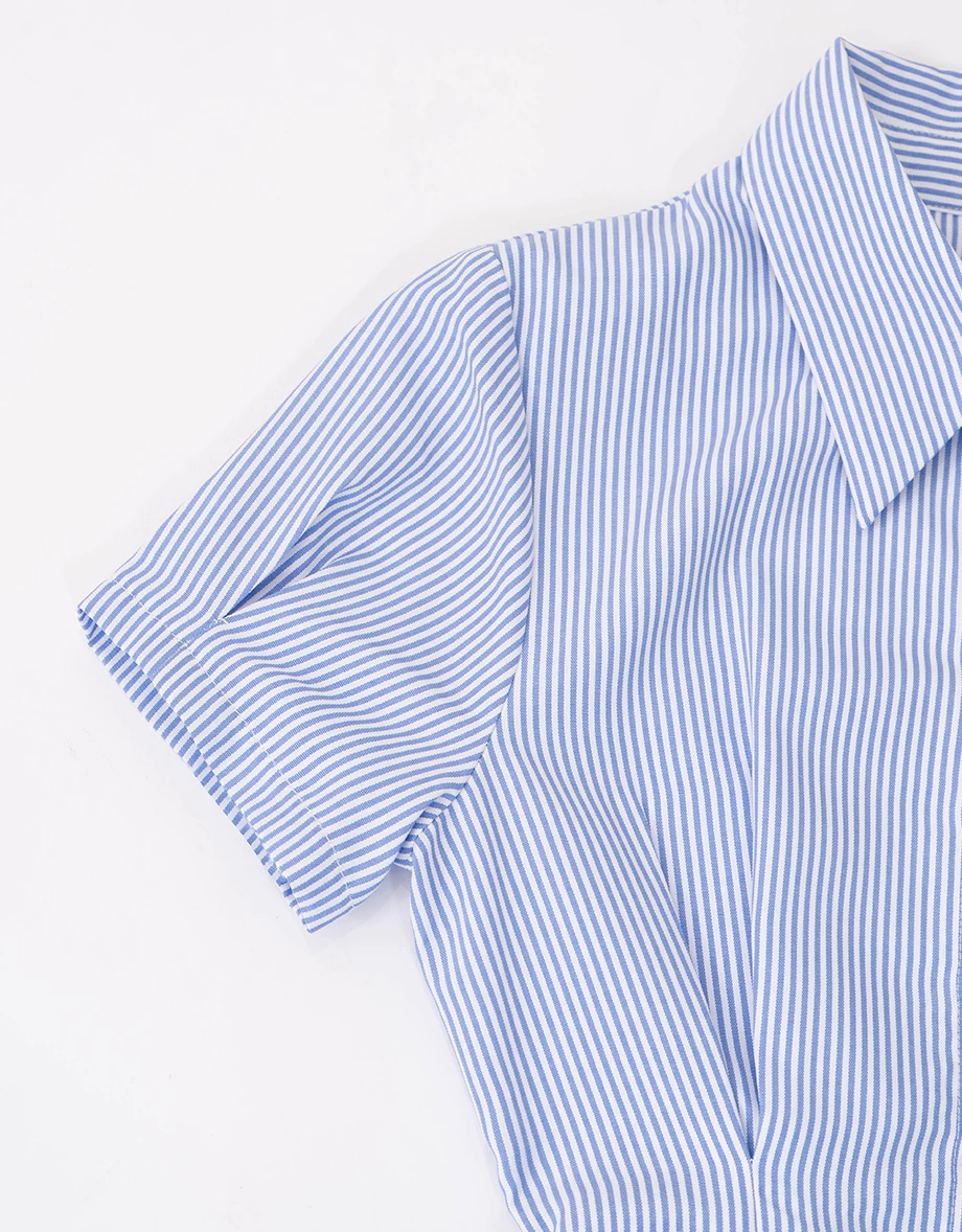 後交叉腰部鏤空短袖排扣襯衫式條紋連身短褲