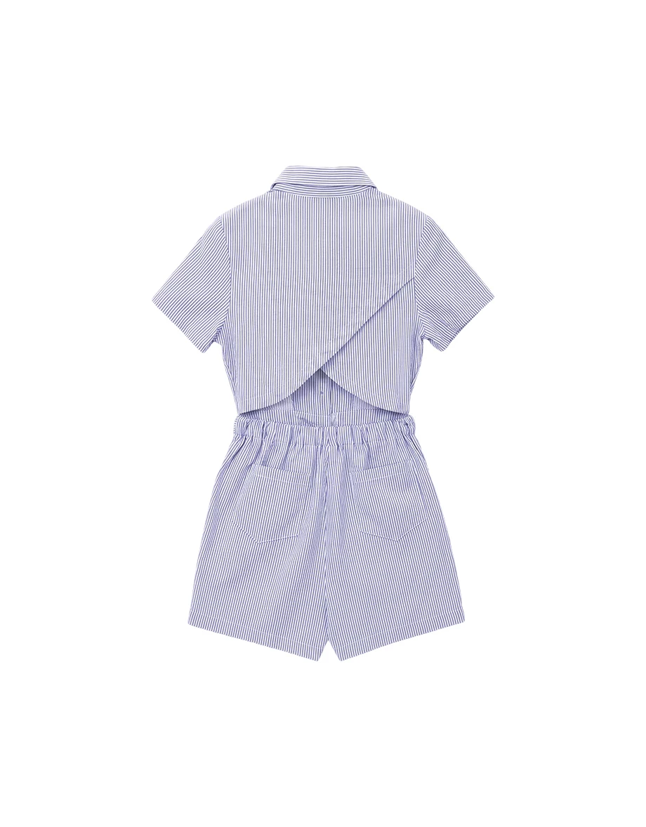 後交叉腰部鏤空短袖排扣襯衫式條紋連身短褲