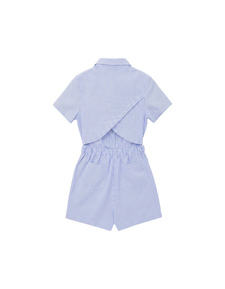後交叉腰部鏤空短袖排扣襯衫式條紋連身短褲