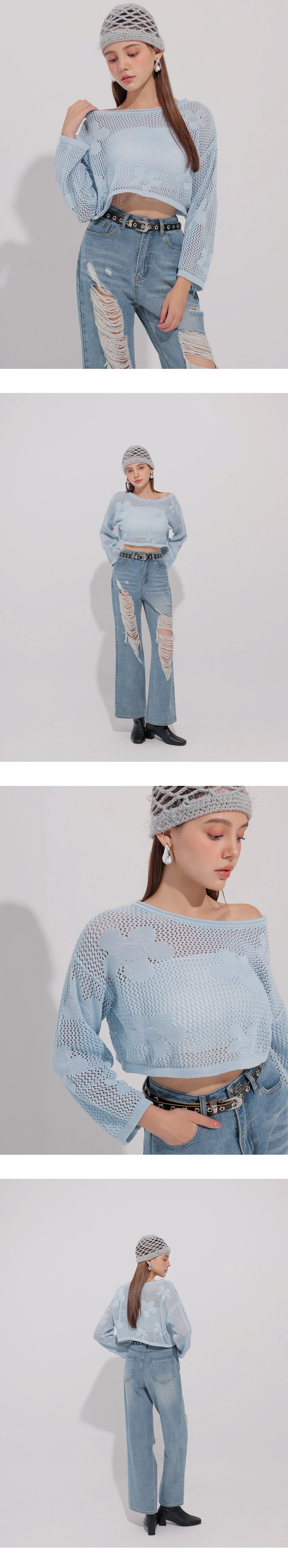 Open Knit Crochet Style Floral Crop Sweater