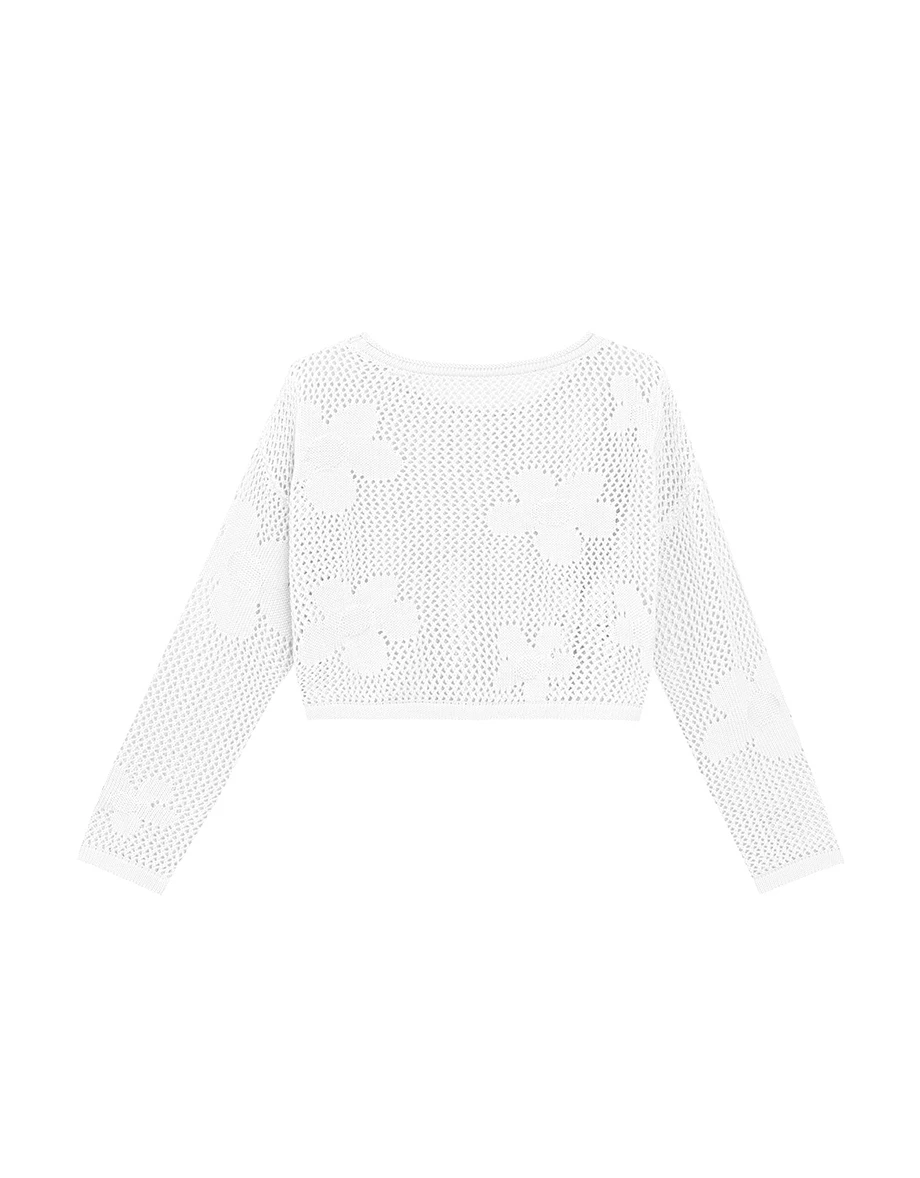 Open Knit Crochet Style Floral Crop Sweater