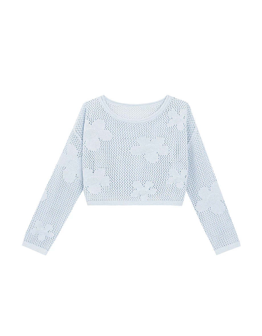 Open Knit Crochet Style Floral Crop Sweater