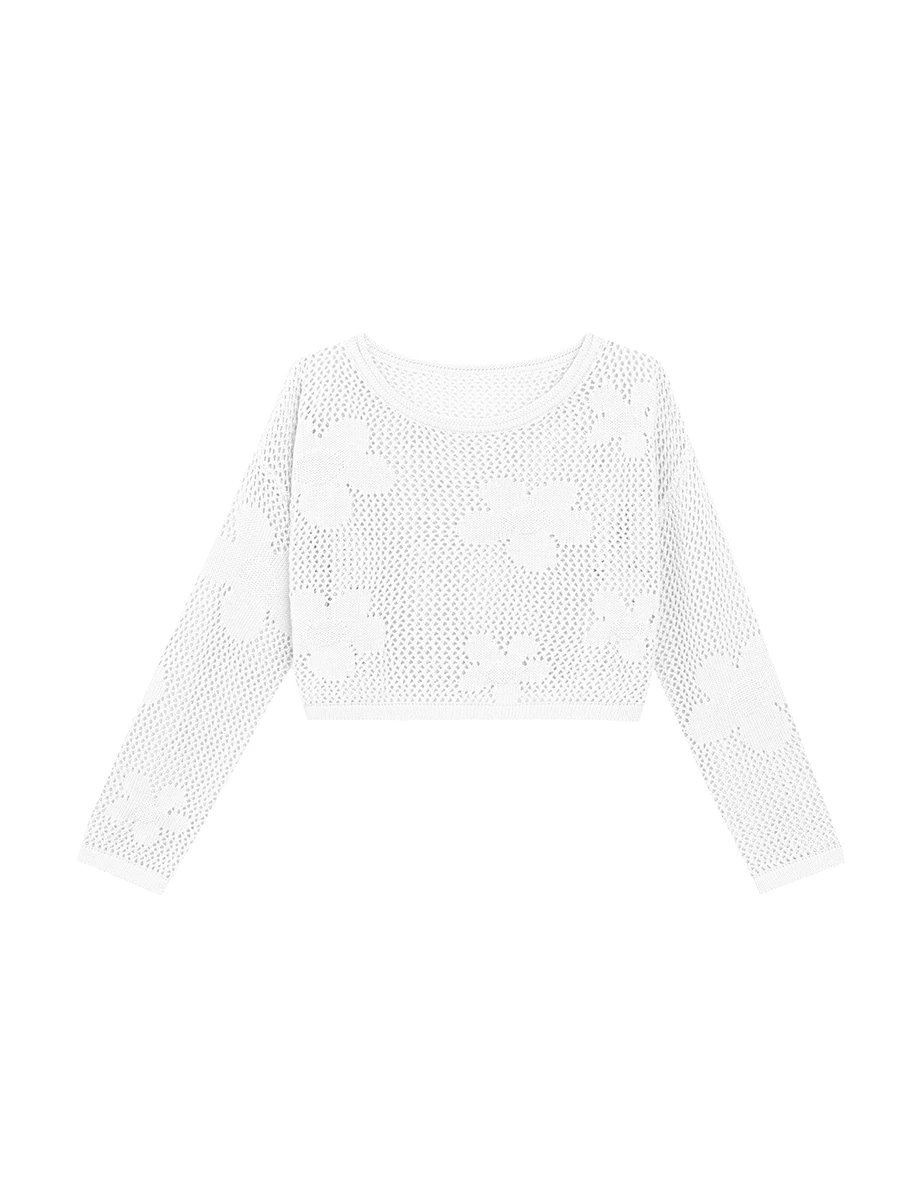 Open Knit Crochet Style Floral Crop Sweater