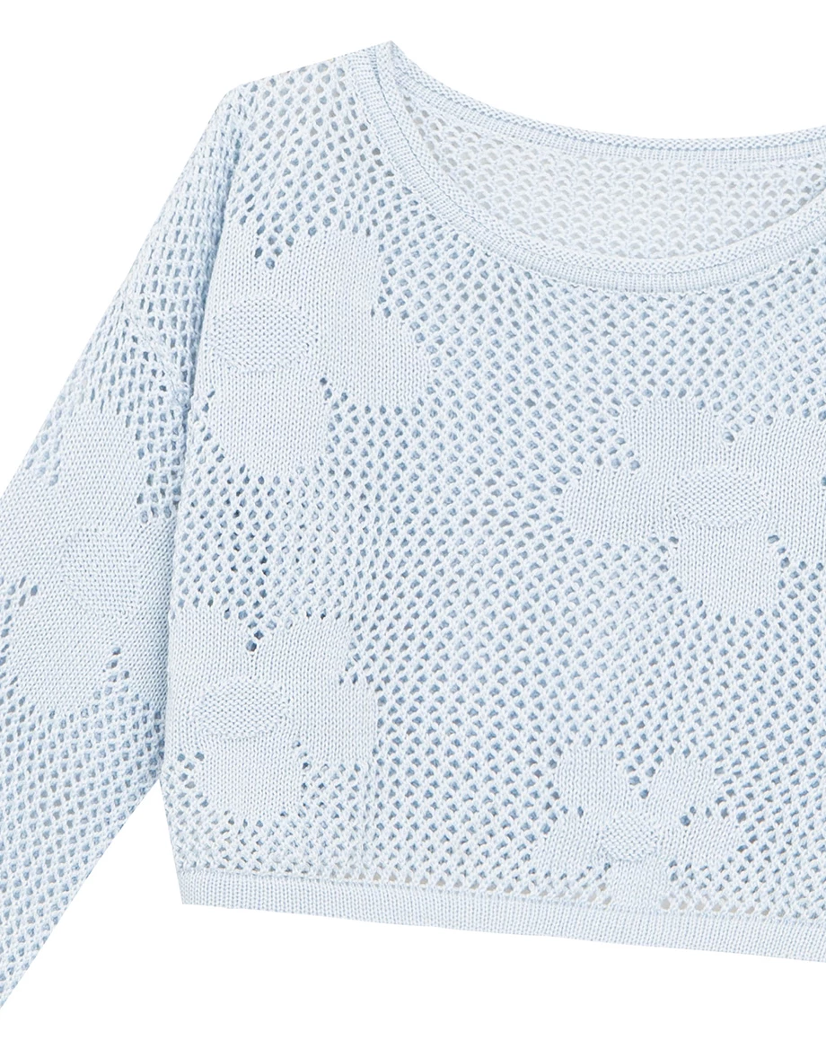Open Knit Crochet Style Floral Crop Sweater