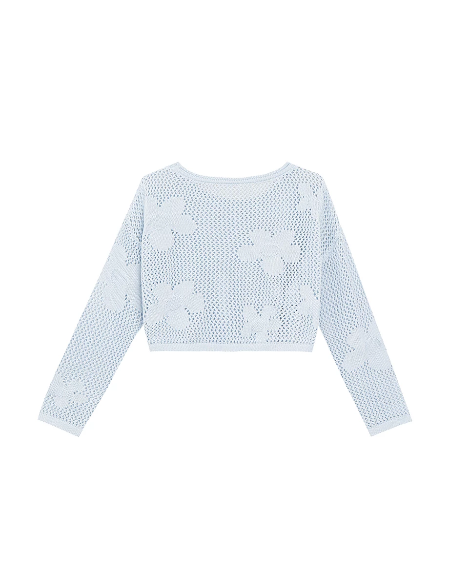 Open Knit Crochet Style Floral Crop Sweater