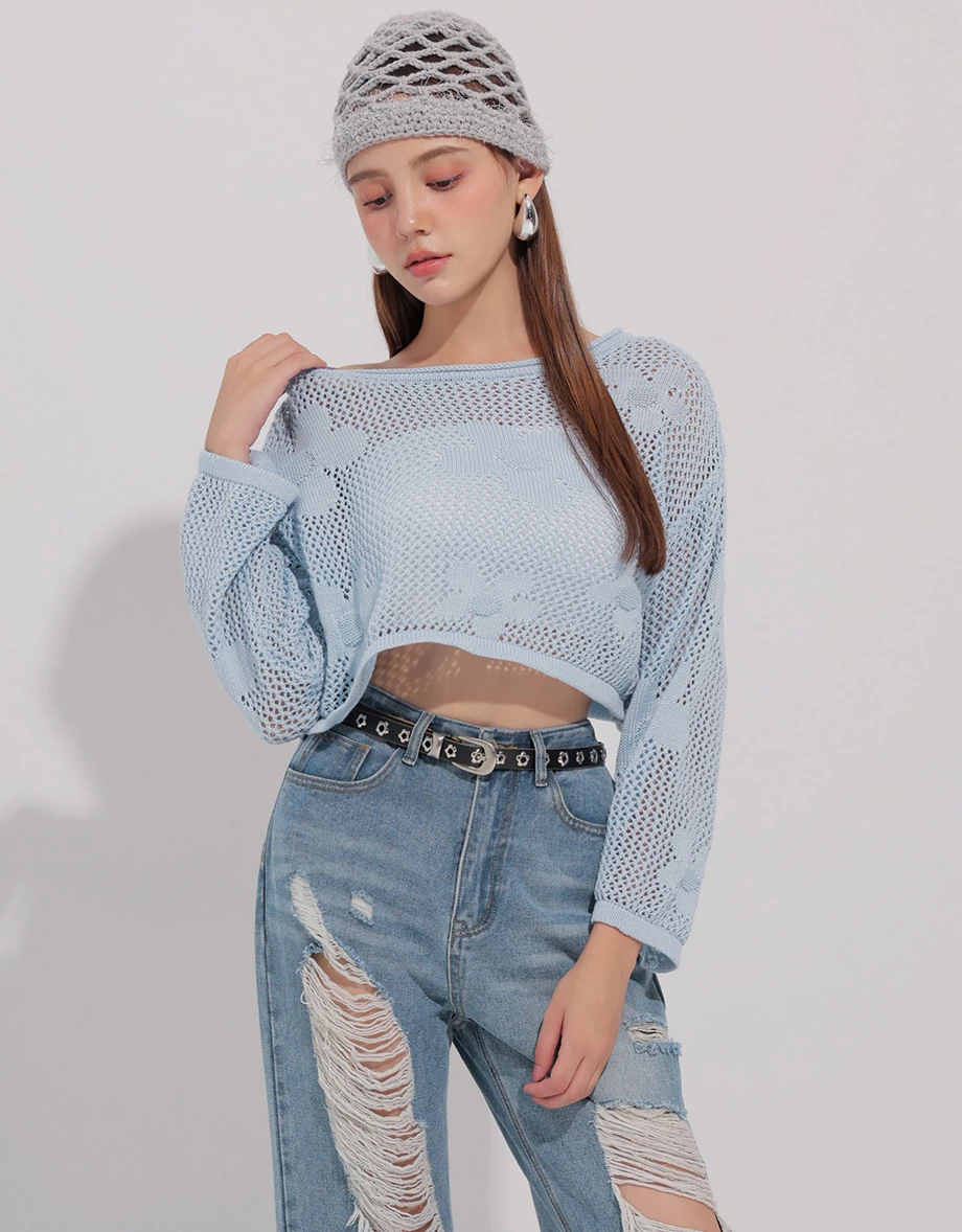Open Knit Crochet Style Floral Crop Sweater