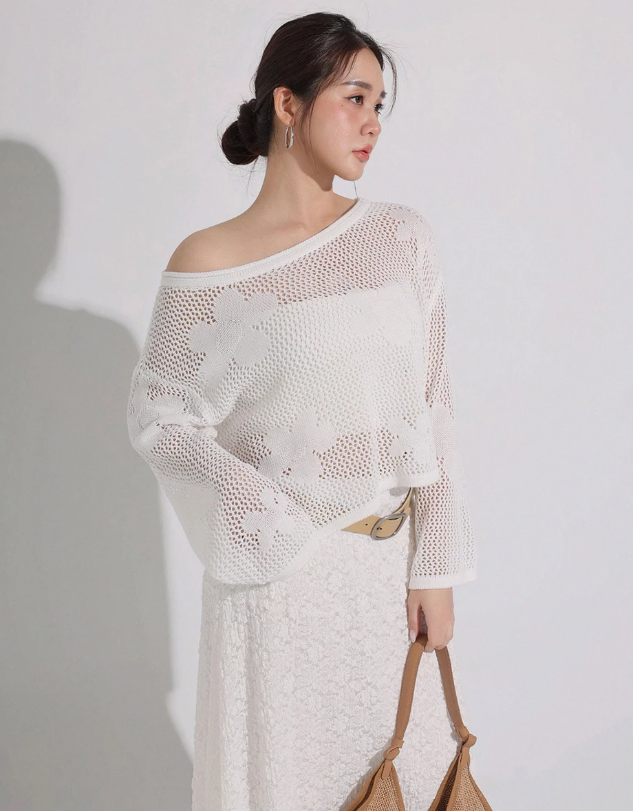 Open Knit Crochet Style Floral Crop Sweater