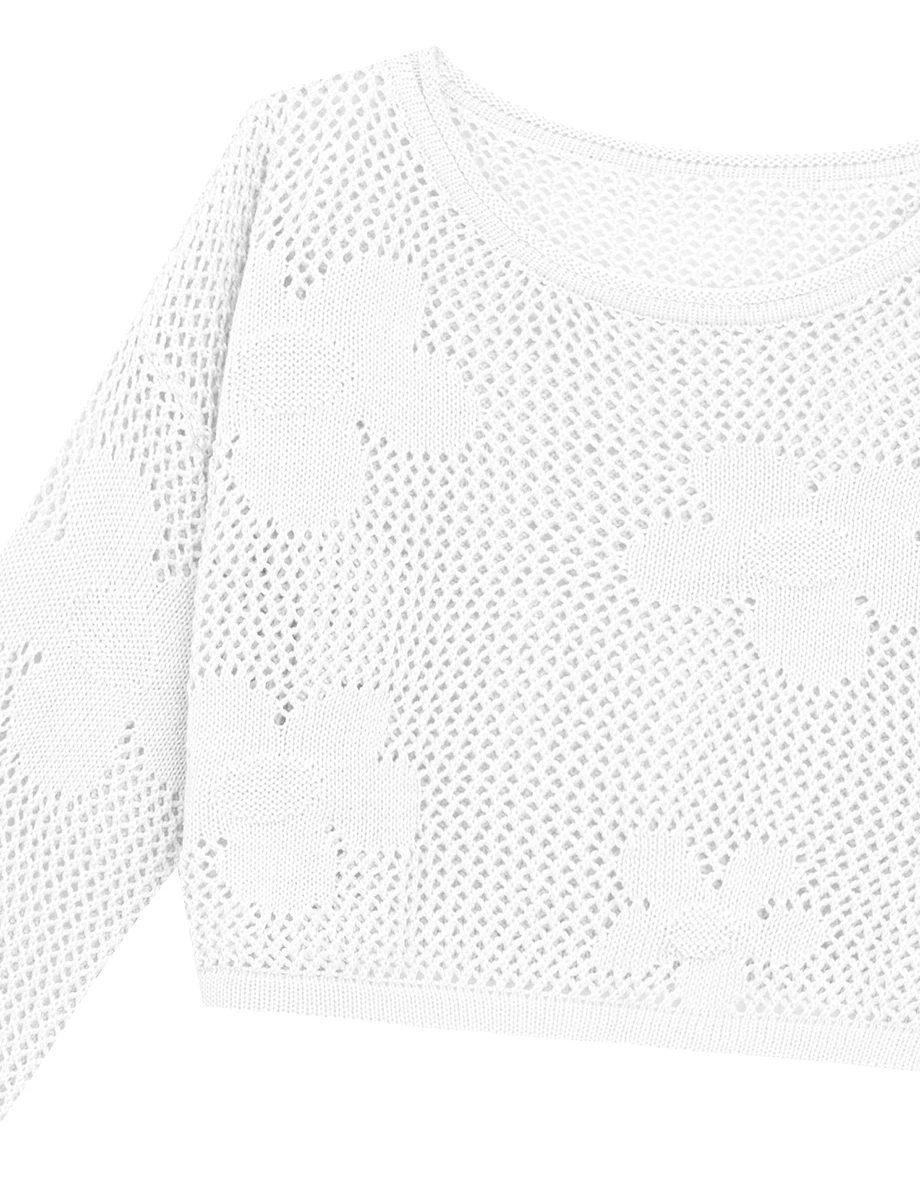 Open Knit Crochet Style Floral Crop Sweater