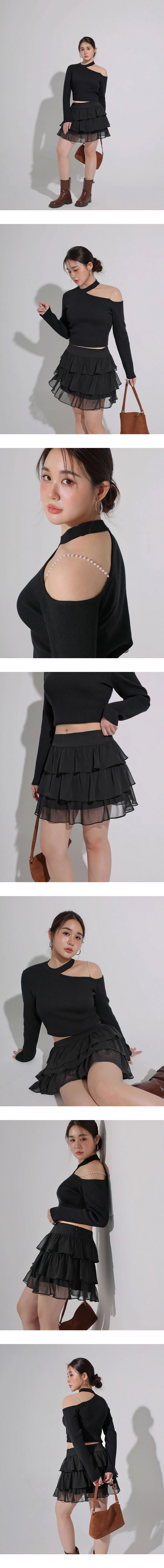 Asymmetric Pearl Strap Halter Neck Ribbed Knit Top