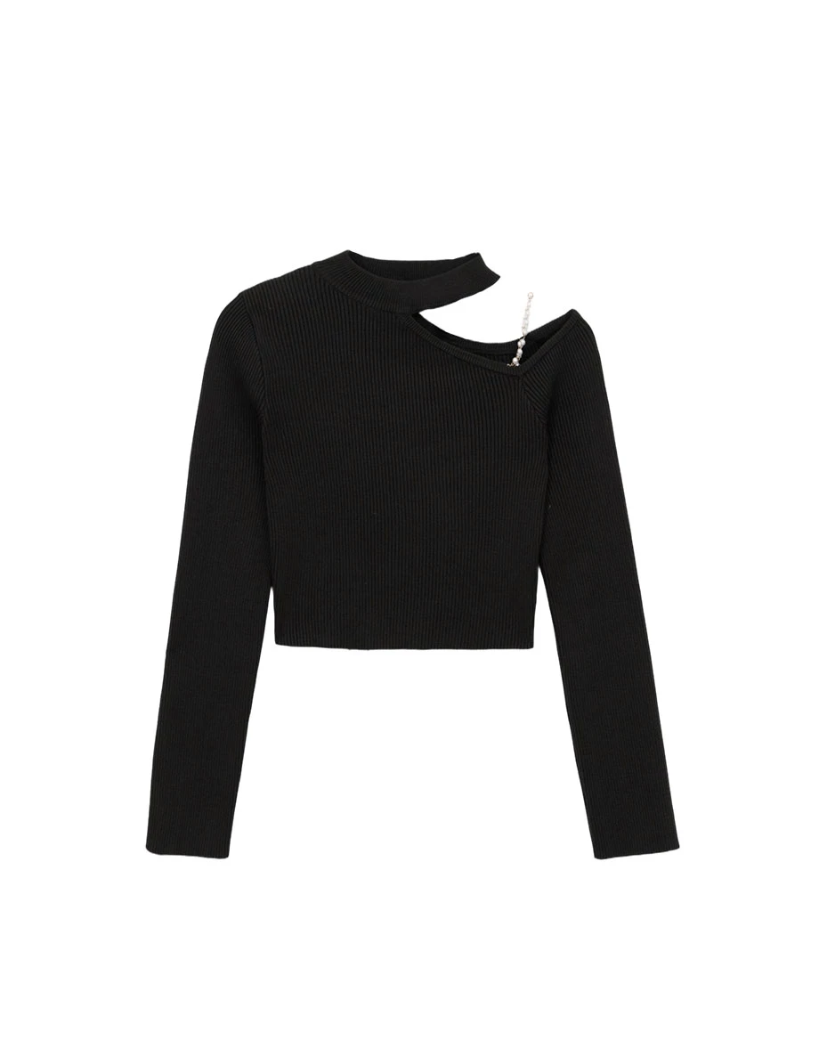 Asymmetric Pearl Strap Halter Neck Ribbed Knit Top