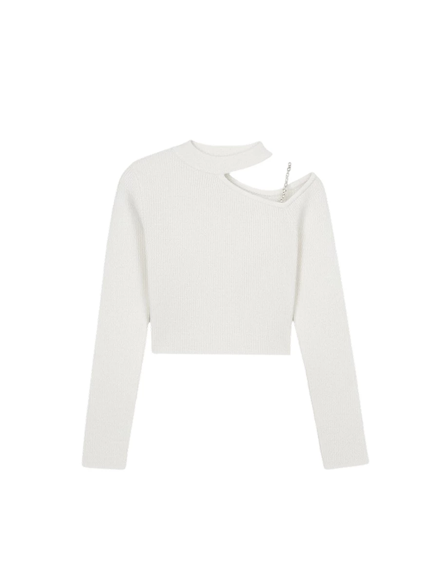 Asymmetric Pearl Strap Halter Neck Ribbed Knit Top