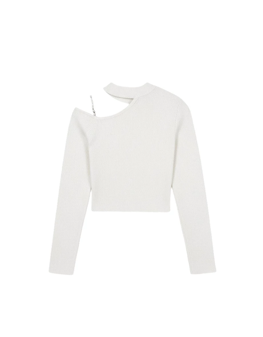 Asymmetric Pearl Strap Halter Neck Ribbed Knit Top