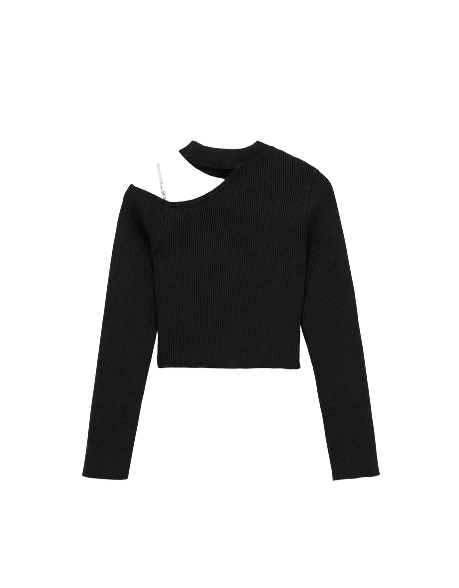 Asymmetric Pearl Strap Halter Neck Ribbed Knit Top