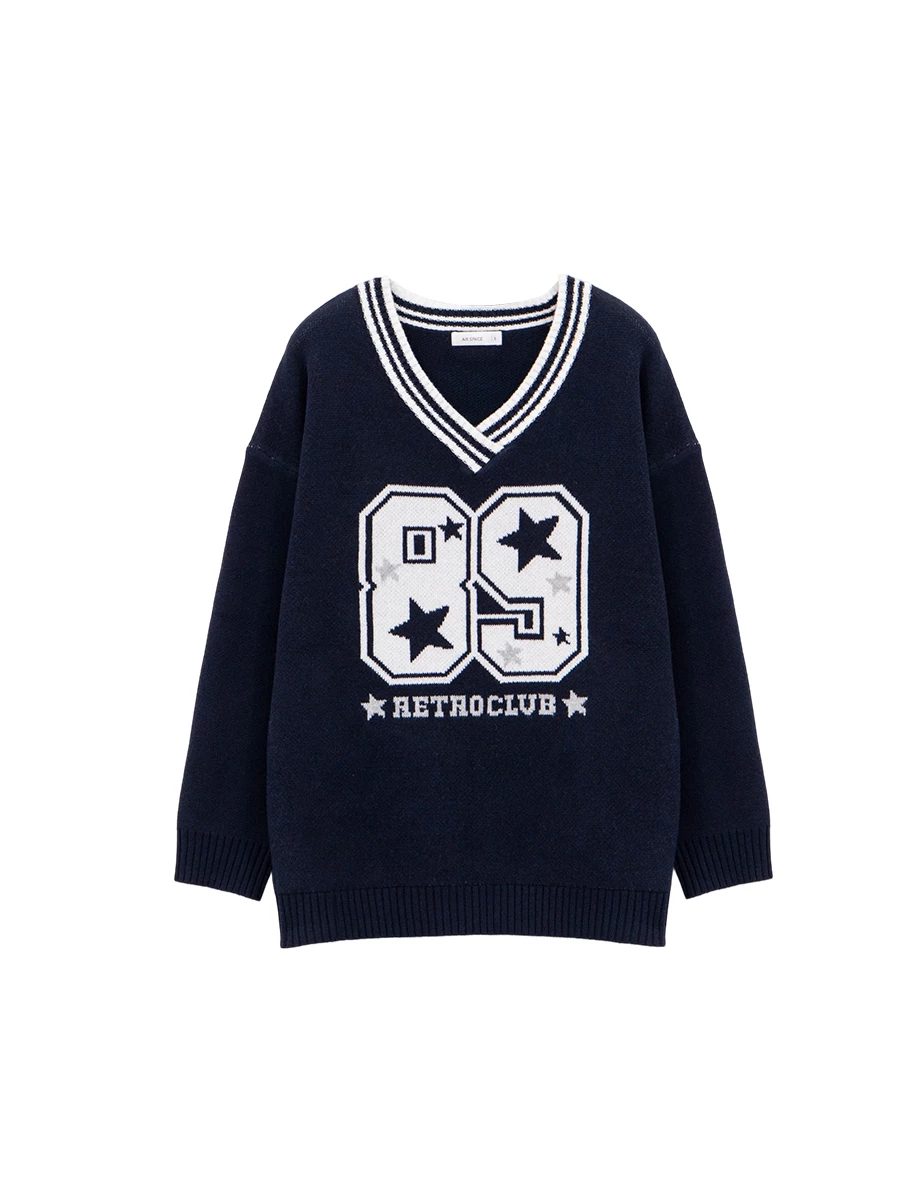 Contrast Trim Retro Number Print V Neck Knit Longline Sweater