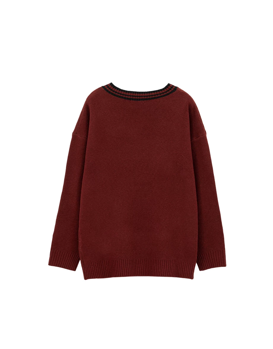 Contrast Trim Retro Number Print V Neck Knit Longline Sweater