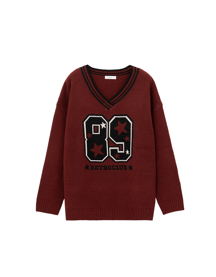 Contrast Trim Retro Number Print V Neck Knit Longline Sweater