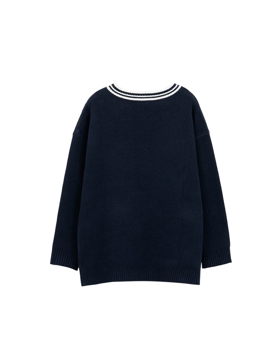 Contrast Trim Retro Number Print V Neck Knit Longline Sweater