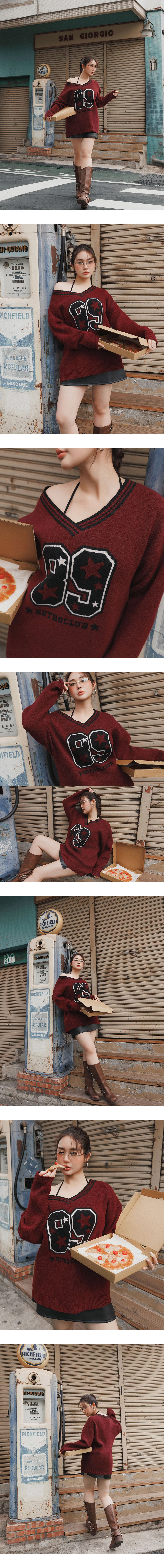 Contrast Trim Retro Number Print V Neck Knit Longline Sweater