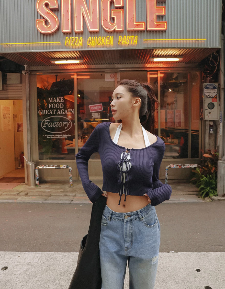 2 Way Sexy Scoop Neck Front Lace Up Ribbed Knit Top