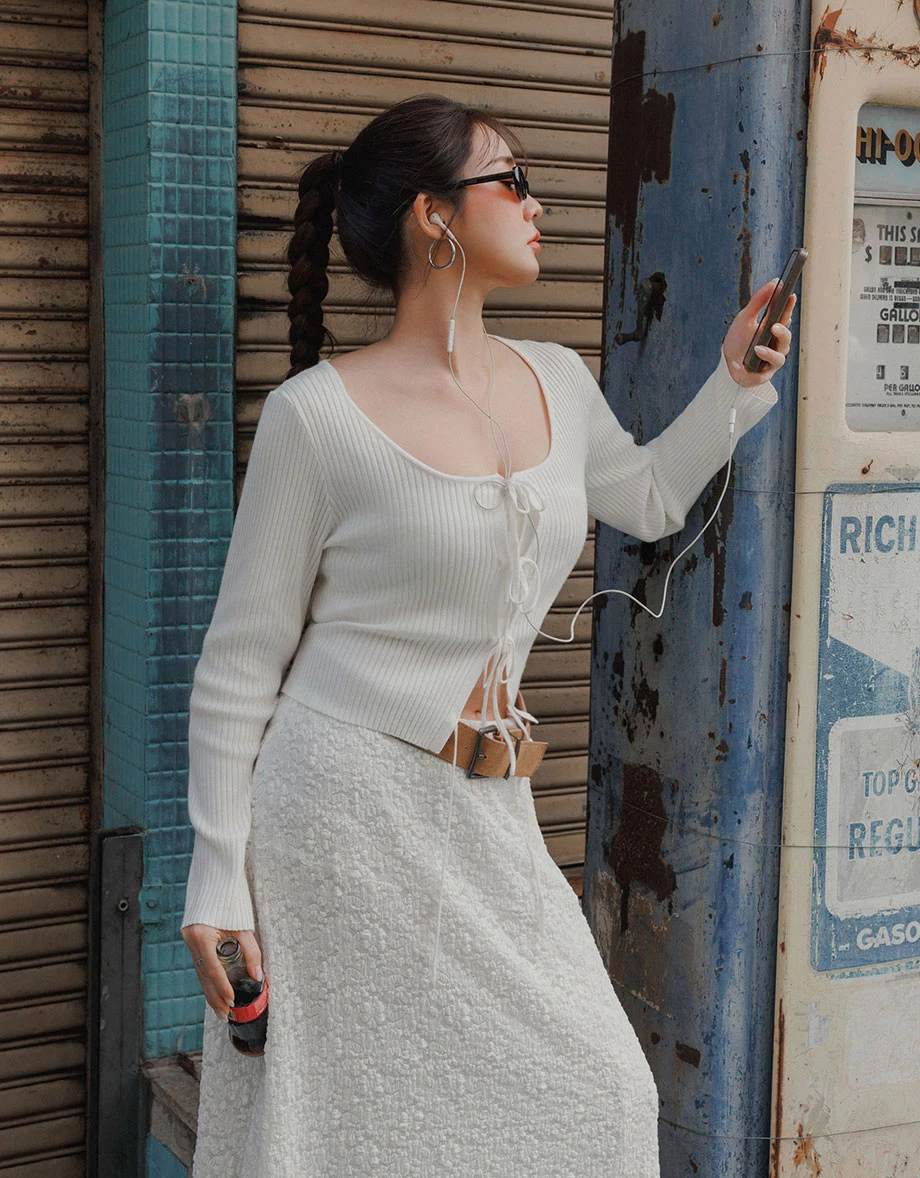 2 Way Sexy Scoop Neck Front Lace Up Ribbed Knit Top