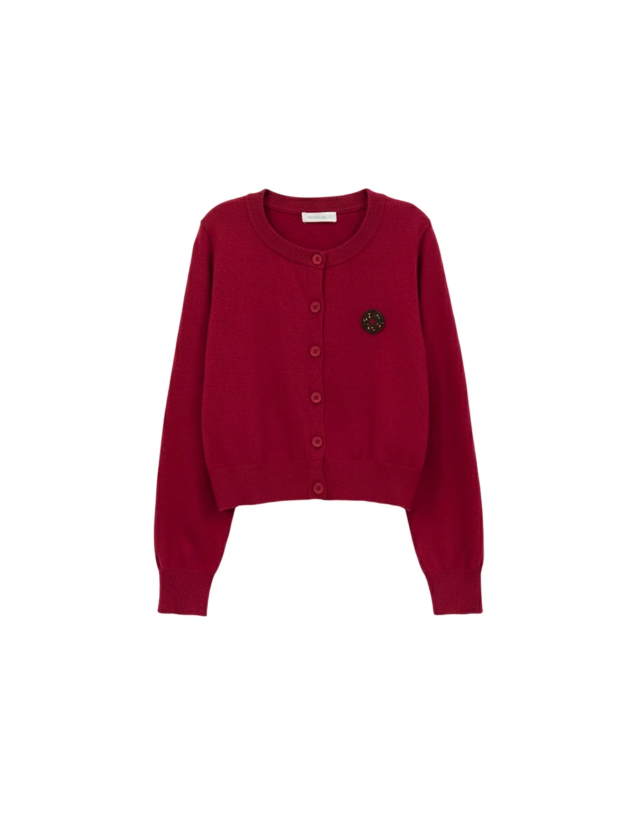 【DINOTAENG】毛巾繡圖案圓領長袖排扣開襟針織衫