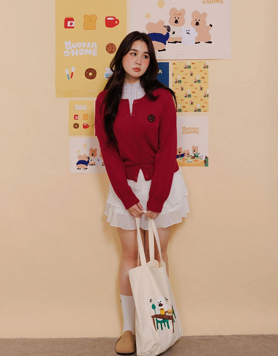 【DINOTAENG】毛巾繡圖案圓領長袖排扣開襟針織衫