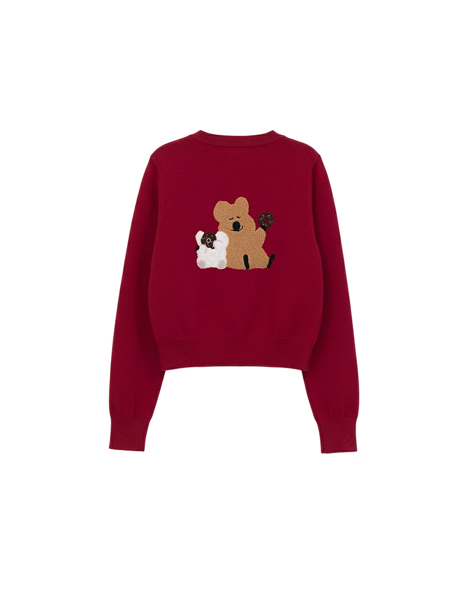 【DINOTAENG】毛巾繡圖案圓領長袖排扣開襟針織衫