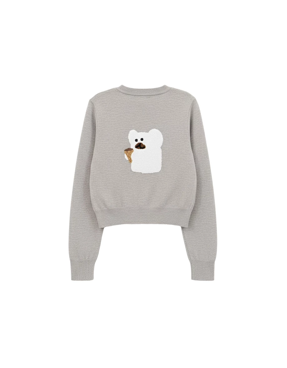 【DINOTAENG】毛巾繡圖案圓領長袖排扣開襟針織衫