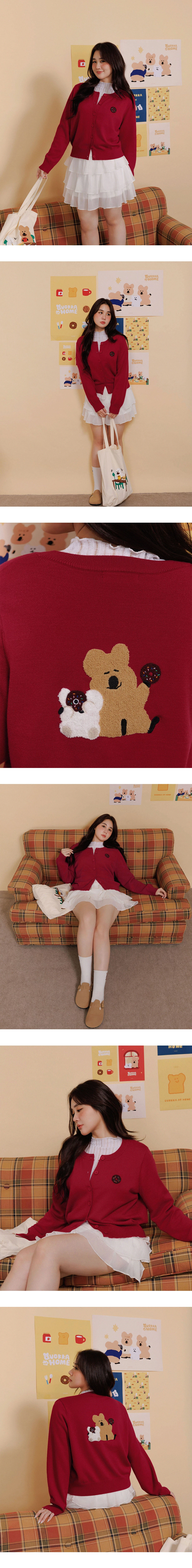 【DINOTAENG】毛巾繡圖案圓領長袖排扣開襟針織衫