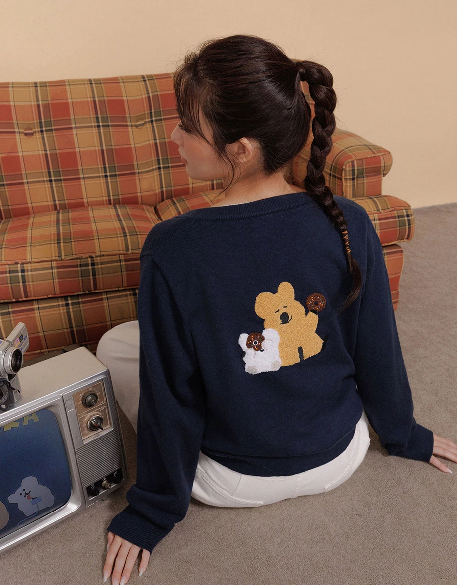 【DINOTAENG】毛巾繡圖案圓領長袖排扣開襟針織衫