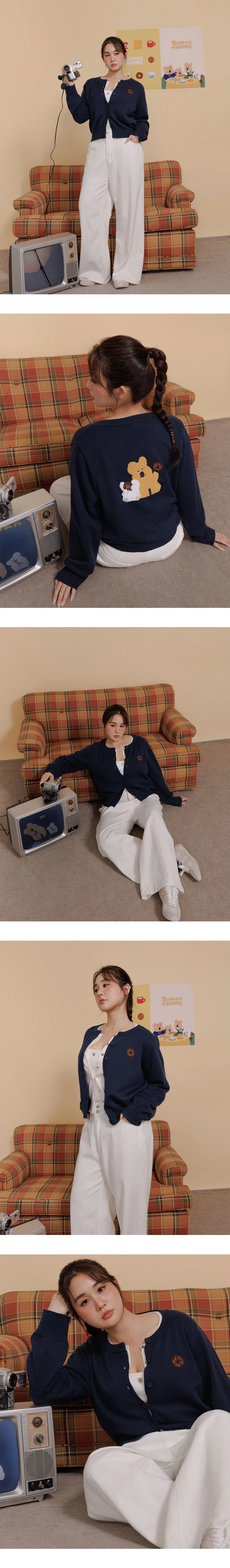 【DINOTAENG】毛巾繡圖案圓領長袖排扣開襟針織衫