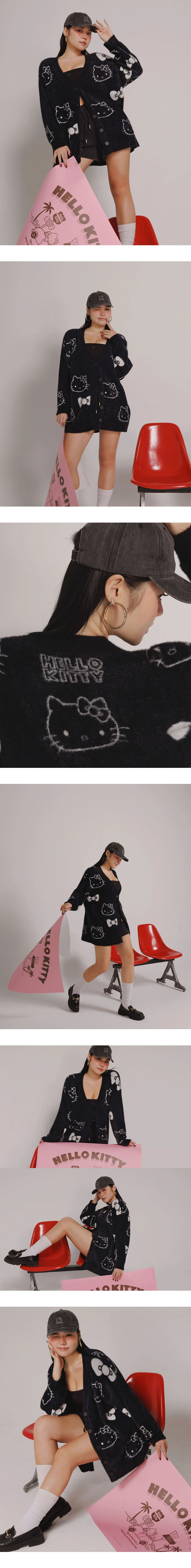 【Hello Kitty Collaboration】All Over Print Jacquard V Neck Fuzzy Knit Cardigan