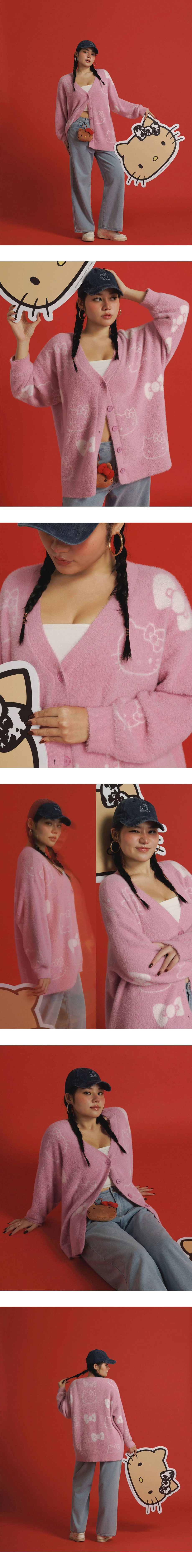 【Hello Kitty Collaboration】All Over Print Jacquard V Neck Fuzzy Knit Cardigan