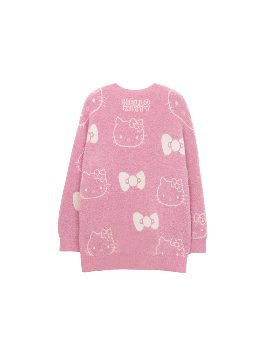 【Hello Kitty Collaboration】All Over Print Jacquard V Neck Fuzzy Knit Cardigan