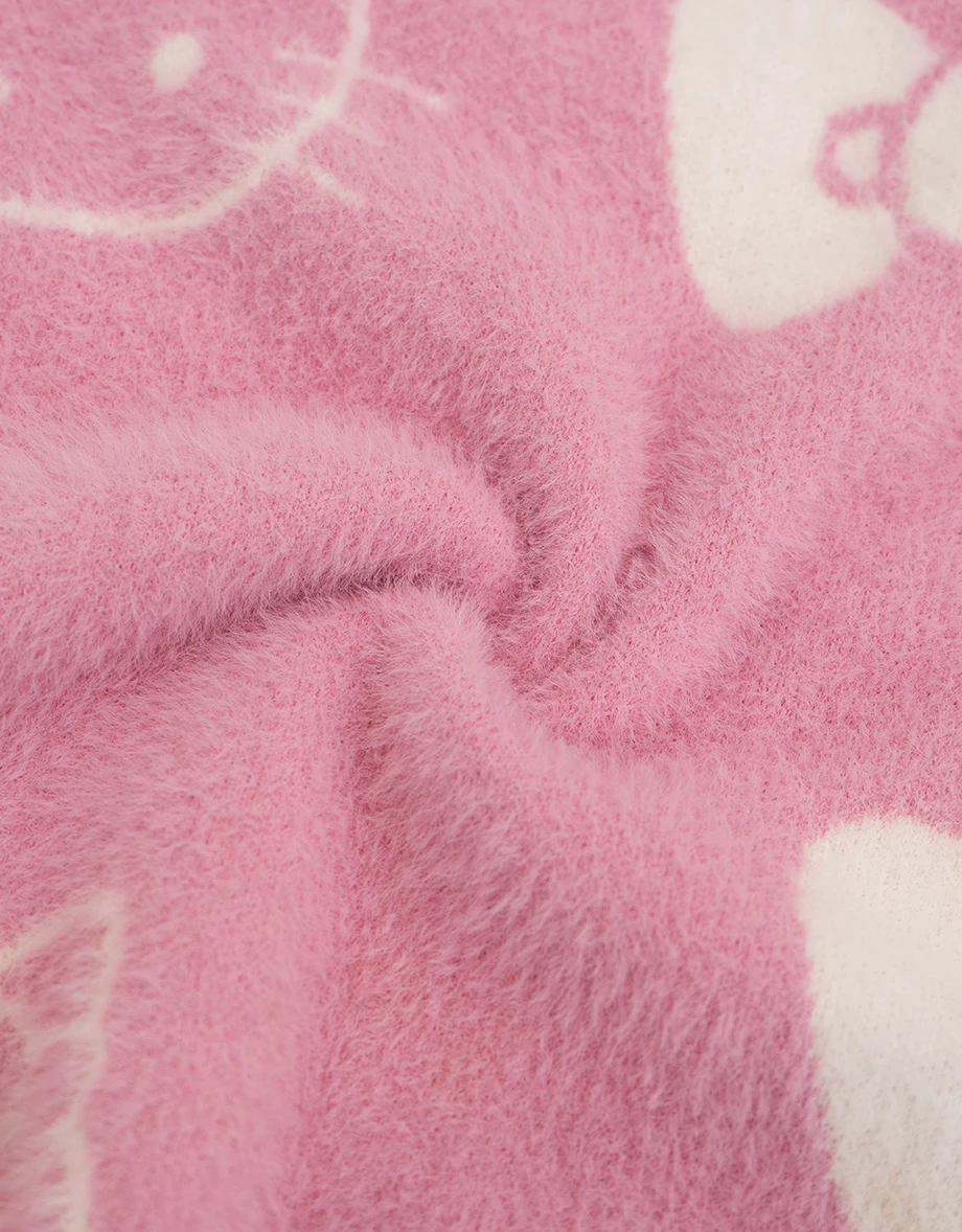 【Hello Kitty Collaboration】All Over Print Jacquard V Neck Fuzzy Knit Cardigan